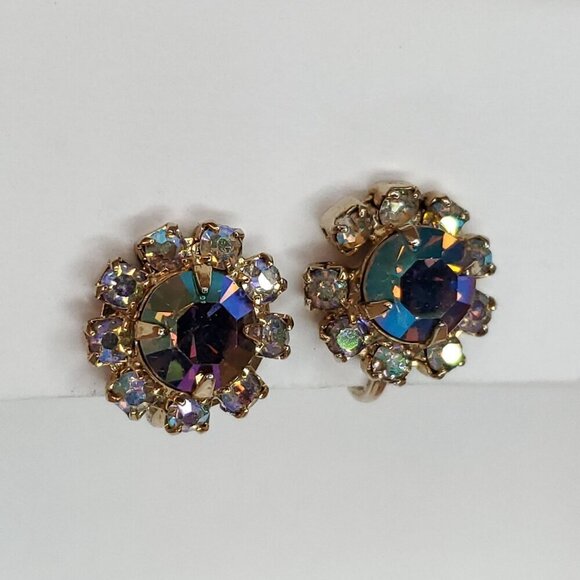 Vintage Aurora Borealis Rhinestone Screw Back Earrings Blue Clear Floral 5/8" - Picture 2 of 5